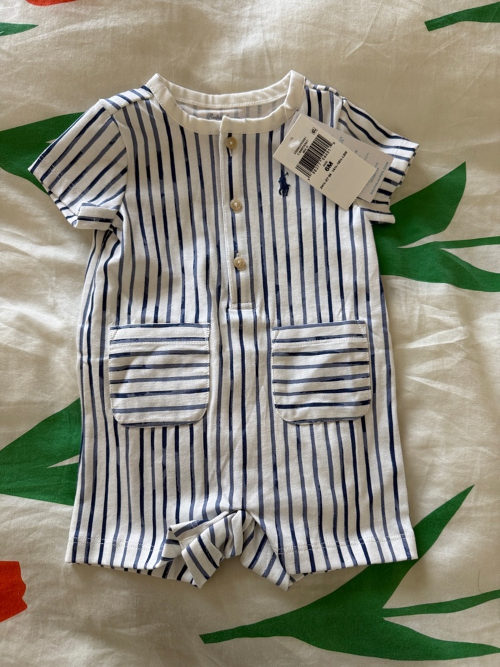 Ralph Lauren White & Navy Striped Cotton Baby Romper